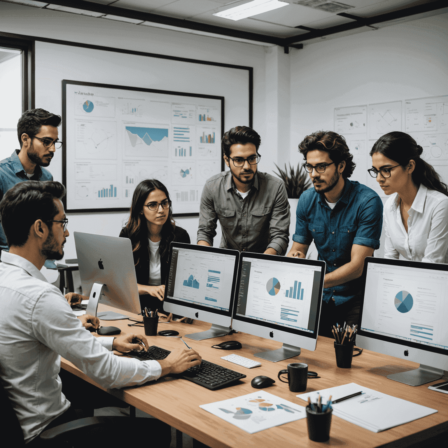 Equipo de diseñadores web mexicanos colaborando en una oficina moderna, trabajando en pantallas que muestran wireframes y diseños de sitios web en desarrollo
