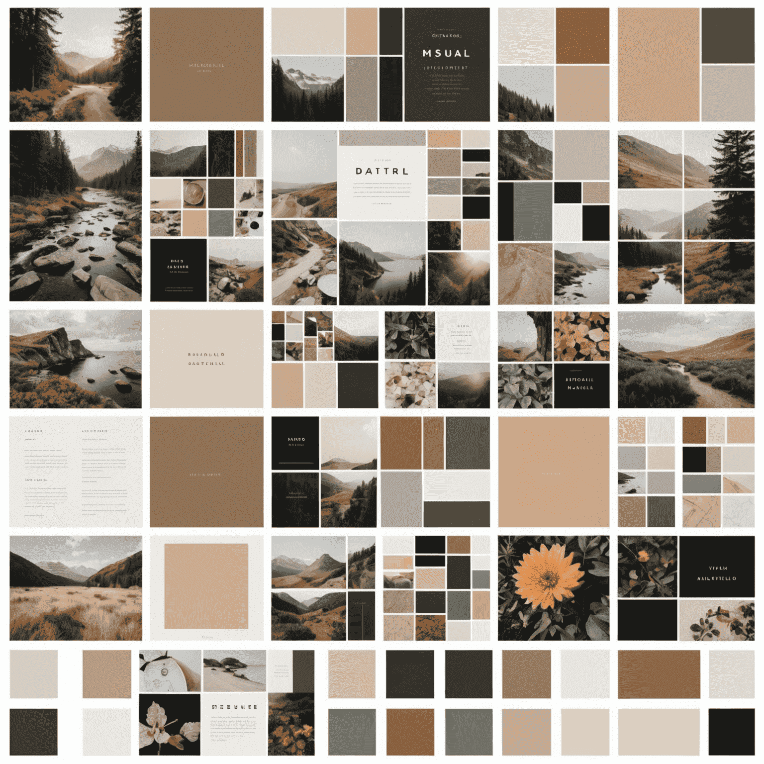 Moodboard de diseño que muestra paletas de colores, selecciones tipográficas y elementos visuales para un proyecto de diseño web, organizados en una cuadrícula estética